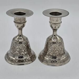 Vintage 70s World Gift ZY India Silver Plated Etched Floral Bell Candle Holder